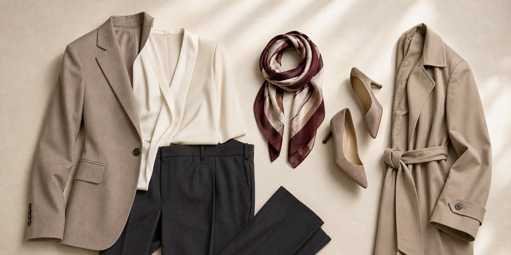Abstract workwear base with two equal optional accessory groupings for work and after-work contexts.