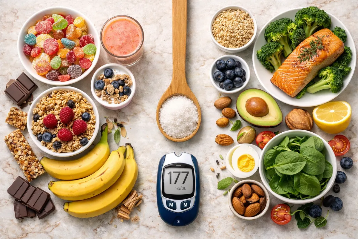 Balanced comparison of high-sugar and low-glycemic foods with a glucose meter reading 177 mg/dL in the center, showing candy, chocolate and bananas on one side, and salmon, broccoli, avocado, spinach, nuts and berries on the other side to illustrate blood sugar impact.