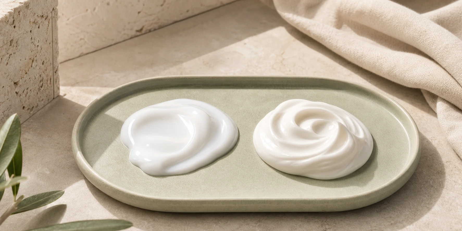 Two equal unbranded body-care textures arranged beside a neutral routine tray.