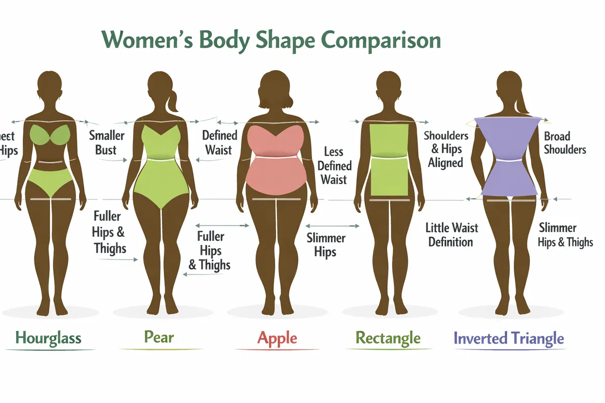 Body shape comparison chart for women showing hourglass, pear, apple, rectangle and inverted triangle silhouettes with proportional measurements.