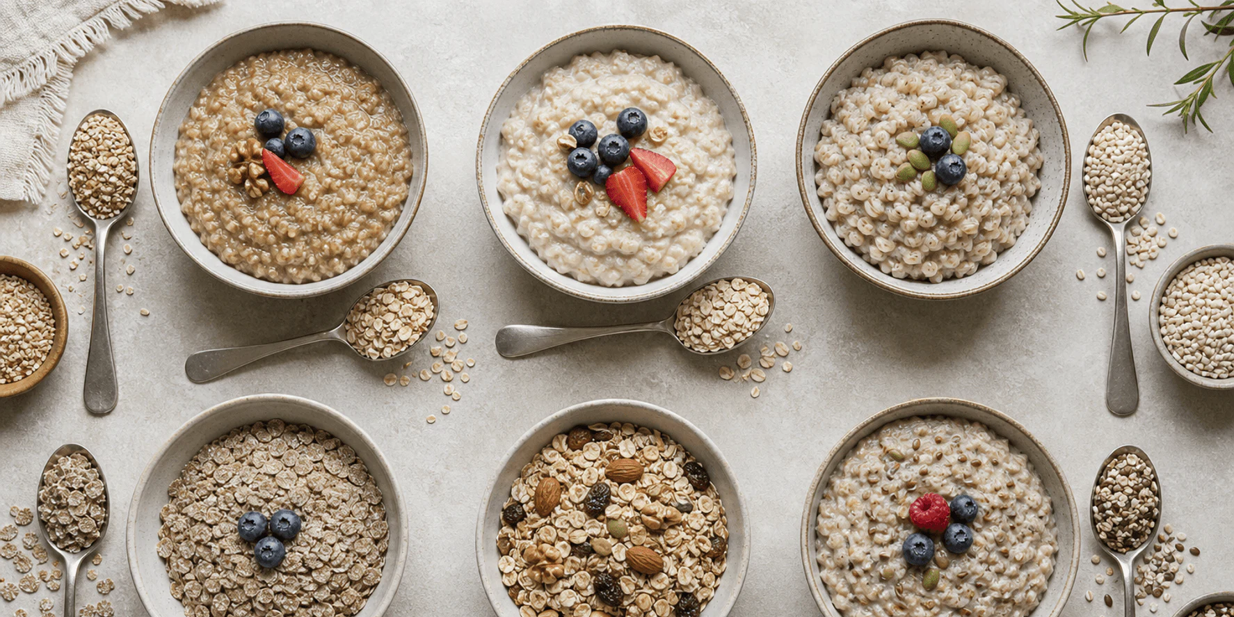 Three breakfast-grain bowls beside blank question cards for a careful data comparison.