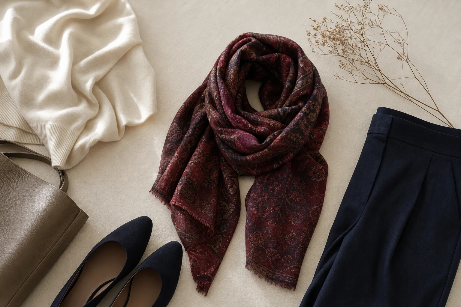 One statement piece styled with simple neutral supporting items and generous visual space.