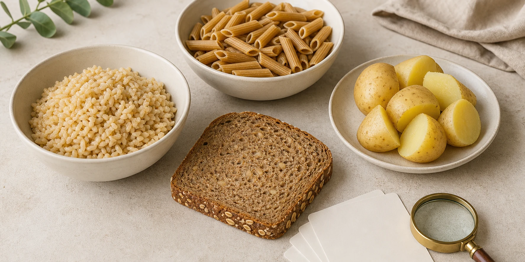 Several carbohydrate foods arranged equally beside blank observation cards.