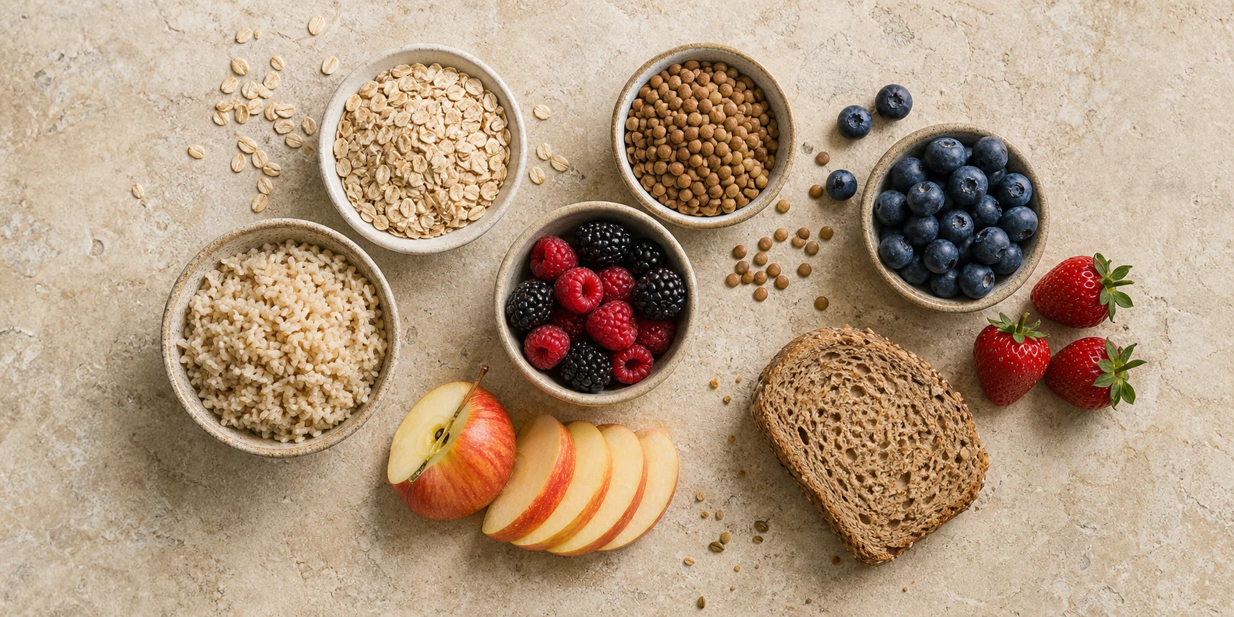 Several carbohydrate foods in ceramic bowls arranged for a neutral source-data reading guide.