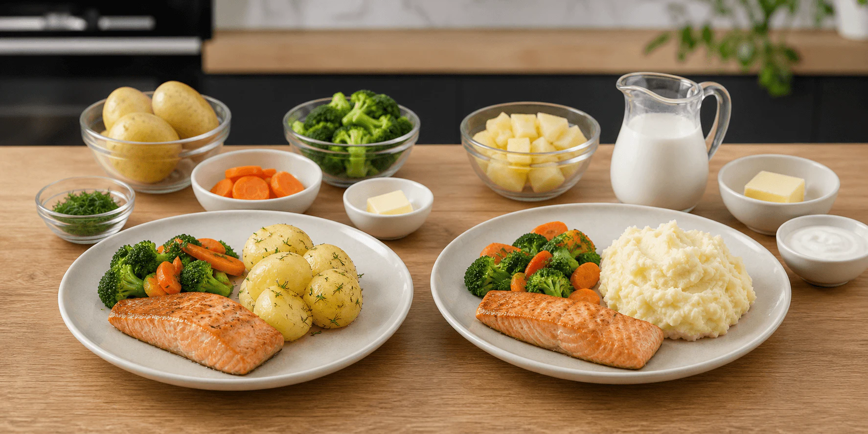 Two similar balanced food plates aligned side by side for a neutral like-for-like comparison.