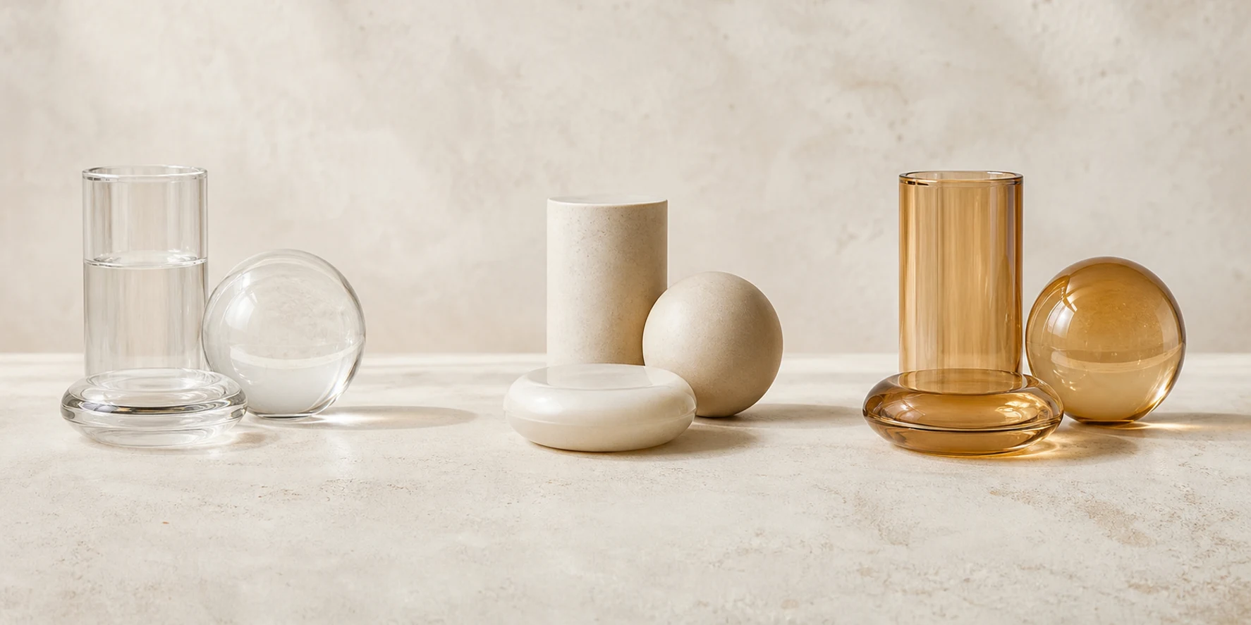 Three equal abstract skincare range groups arranged for a neutral comparison.