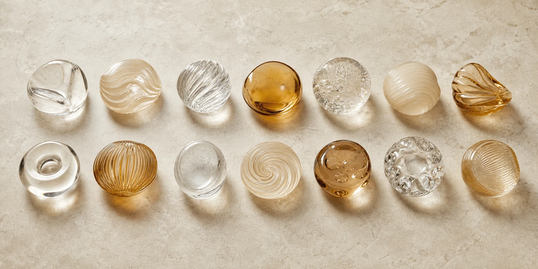 Fourteen equal cream, amber and clear-glass forms representing the verified A Classic catalogue scope.
