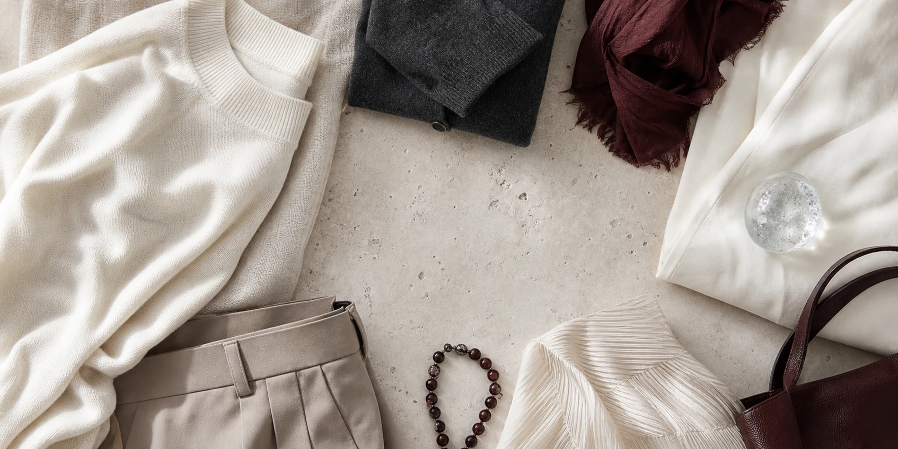 Neutral outfit components arranged around context cues with missing information left open.