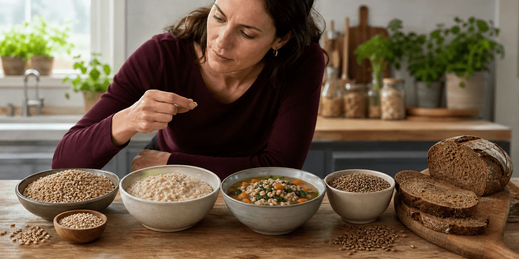 Five equal bowls of carbohydrate foods beside five blank cards for correcting common comparison mistakes.