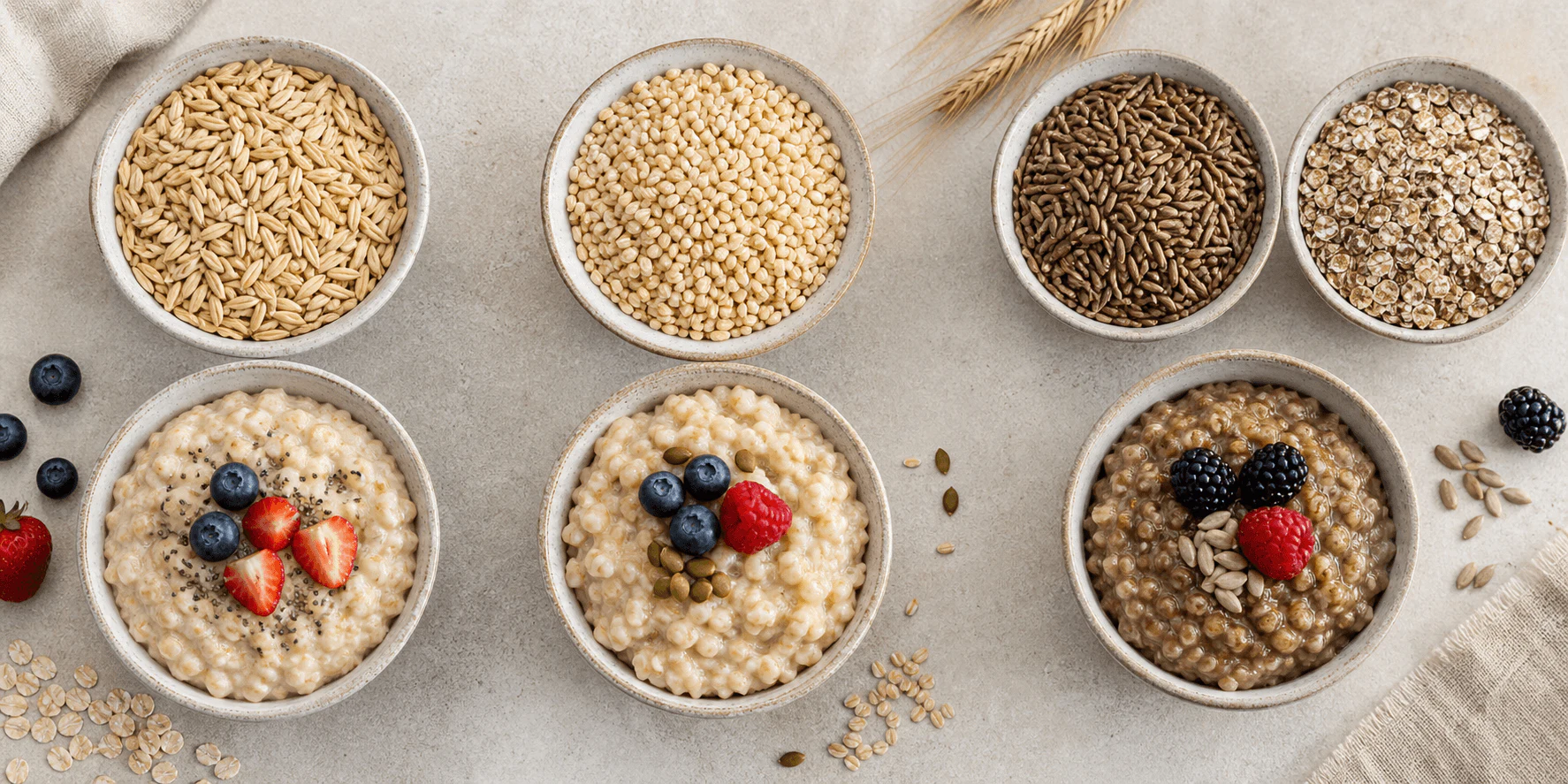 Three breakfast-grain bowls arranged equally for a careful glycaemic-index data comparison.