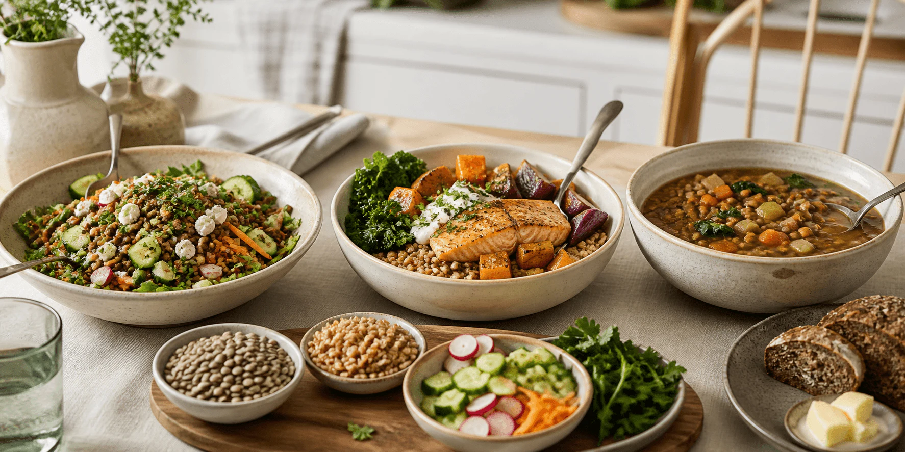 Two similar balanced food plates shown side by side with neutral comparison-card shapes in the background.