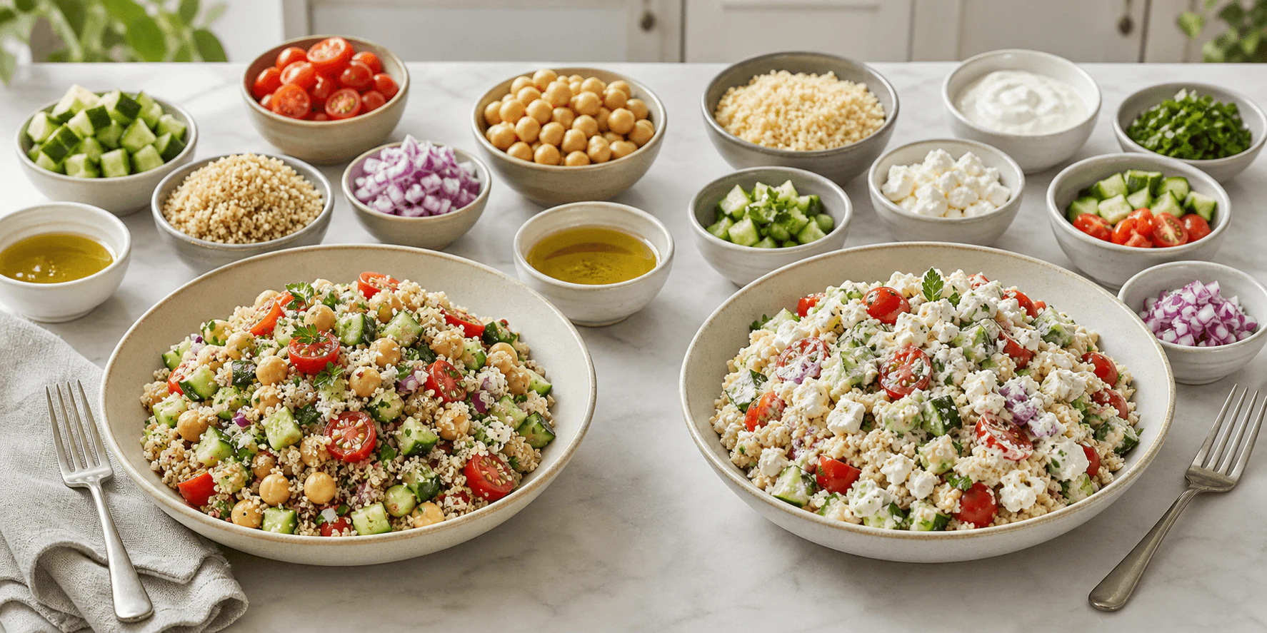 Two similar meals arranged equally for a careful food-composition data comparison.