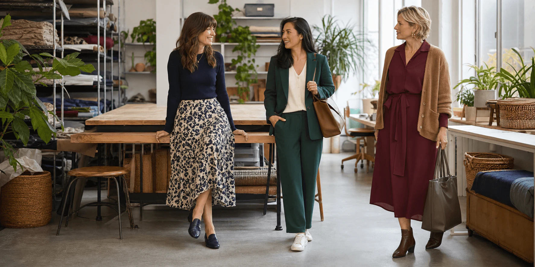 Neutral workwear forms with one abstract creative accent for context-led coordination.