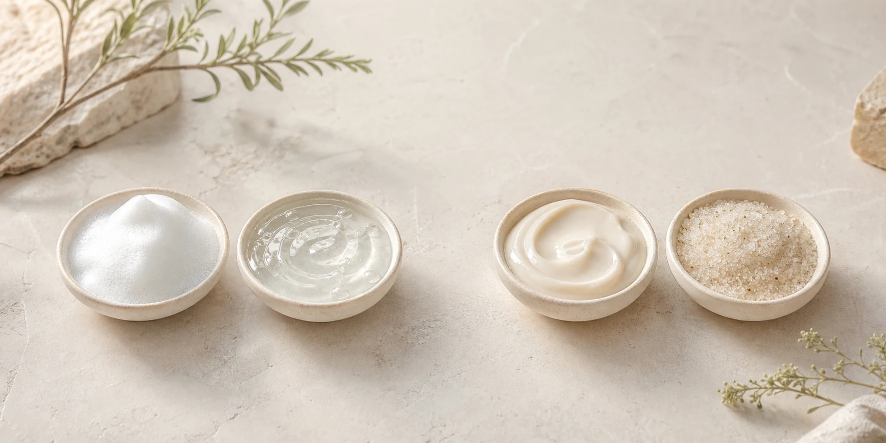 Equal abstract texture groups representing regular cleansing and separately positioned exfoliation roles.