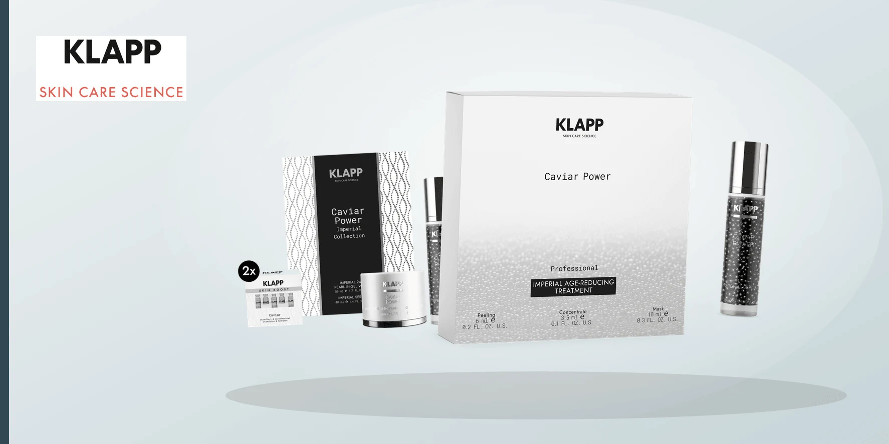 Six equal abstract cosmetic vessels beside six blank cards representing verified Caviar Power Imperial catalogue questions.