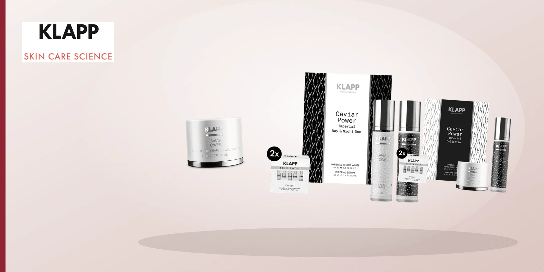 Six equal abstract cosmetic vessels beside six blank cards representing Caviar Power Imperial routine context.