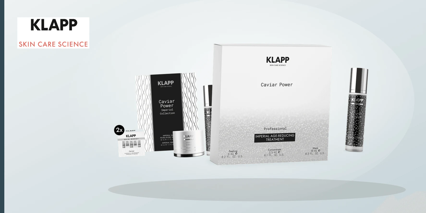 Six equal abstract cosmetic vessels beside six blank cards representing Caviar Power Imperial source checks.