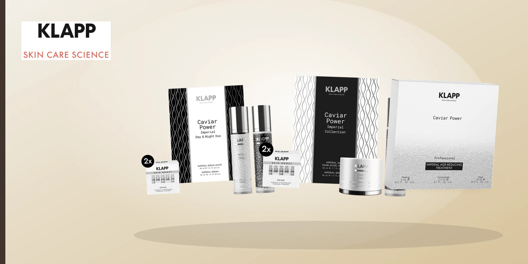 A black, pearl-white and gold skincare still life representing the KLAPP Caviar Power Imperial range.