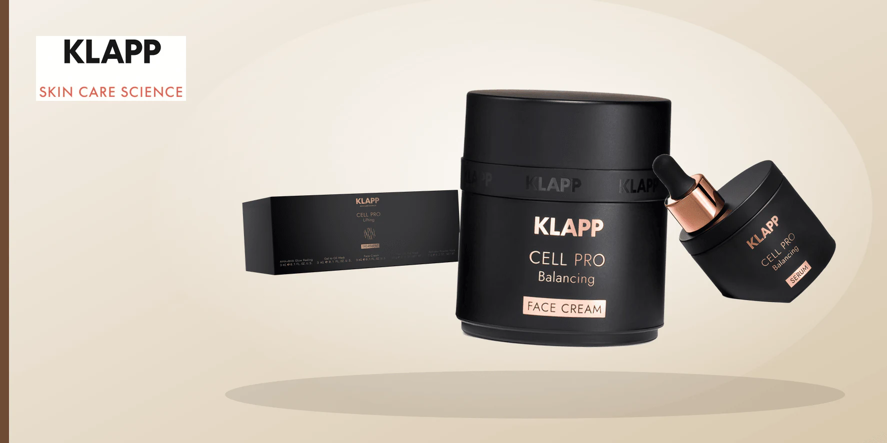 A green, cream and silver skincare still life representing the KLAPP Cell Pro range.