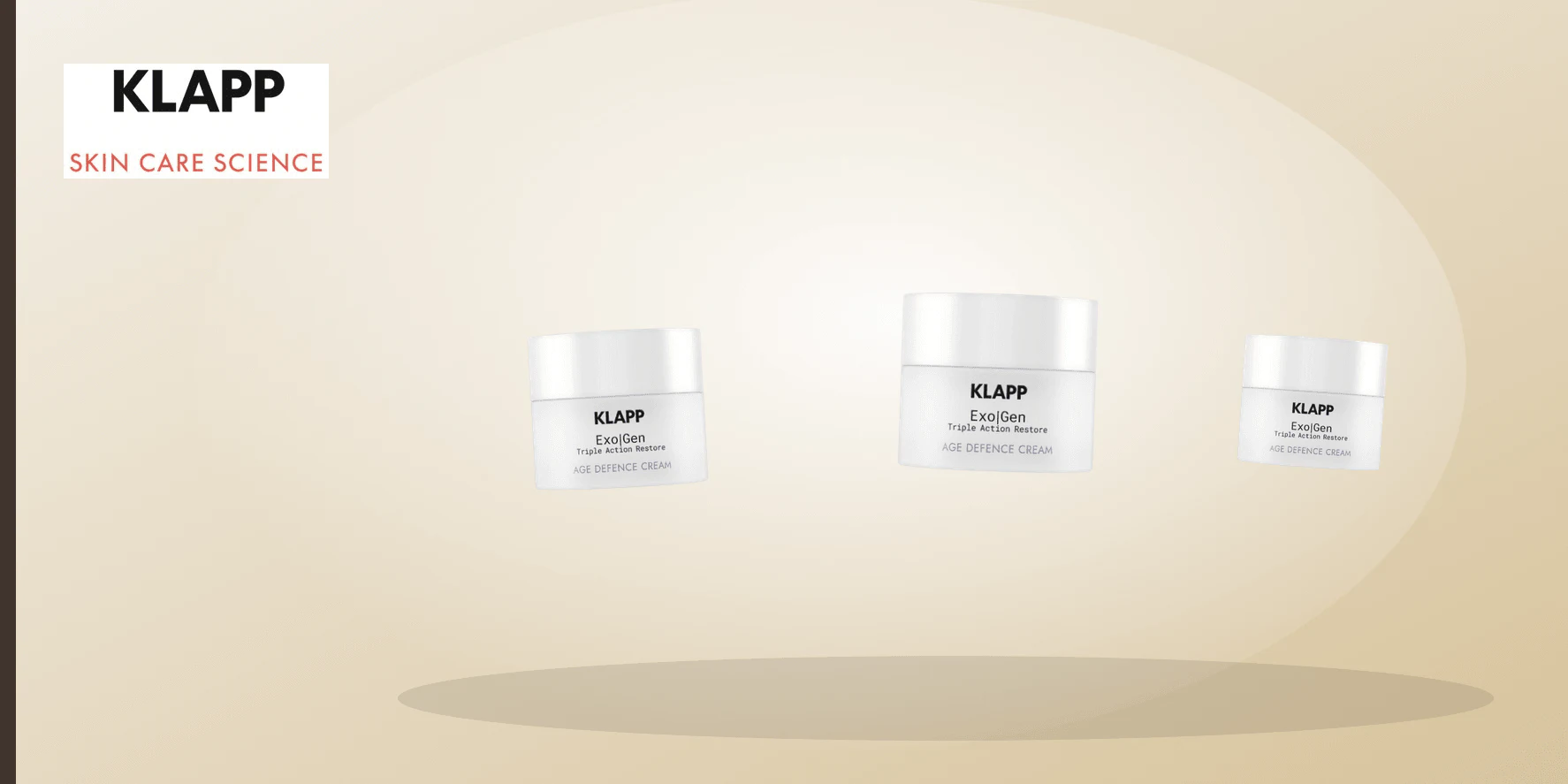 An ice-blue, pearl and muted coral skincare still life representing the KLAPP Exo|Gen range.