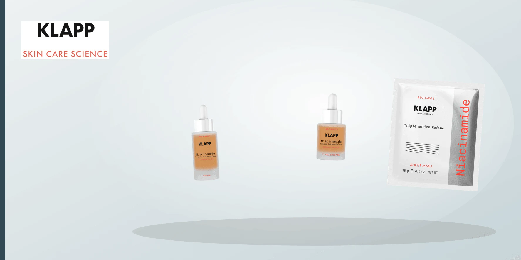 Five equal unbranded cosmetic vessels beside five blank cards representing a KLAPP Niacinamide Finland choosing checklist.