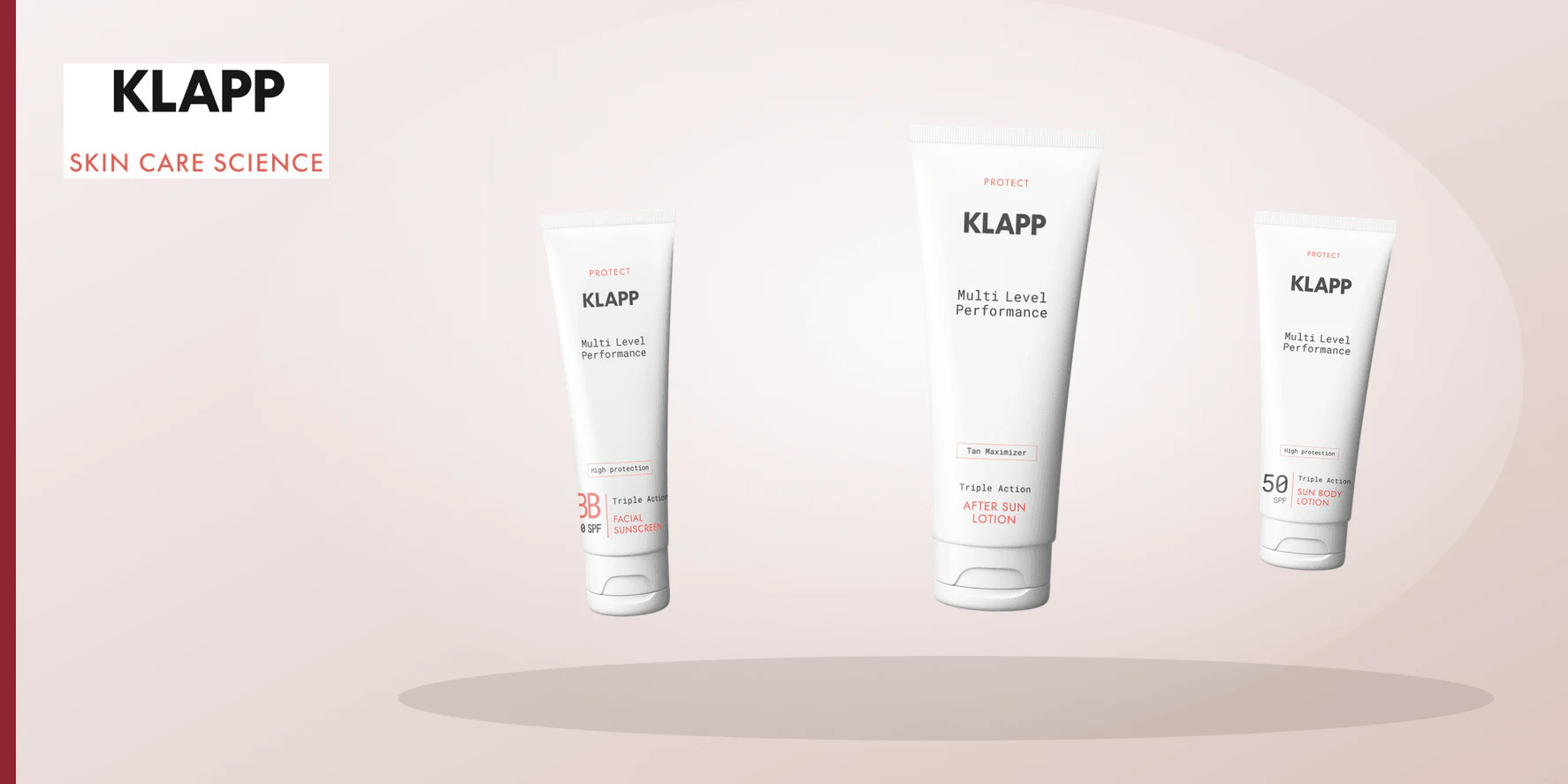 An ivory, gold and plum skincare still life representing the KLAPP Protect Multi Level Performance range.