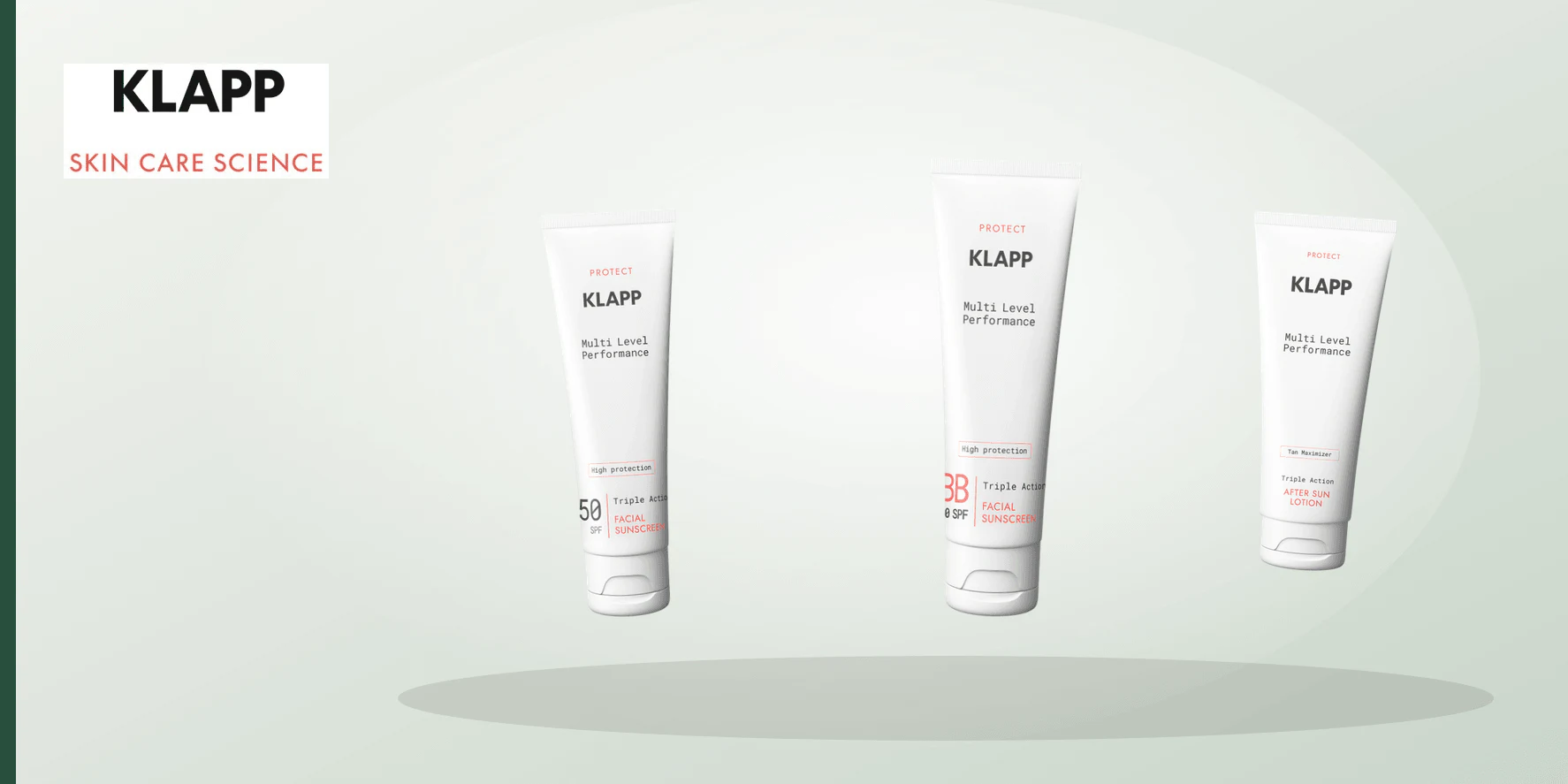 Six equal unbranded cosmetic forms beside blank cards representing neutral KLAPP Protect routine context.
