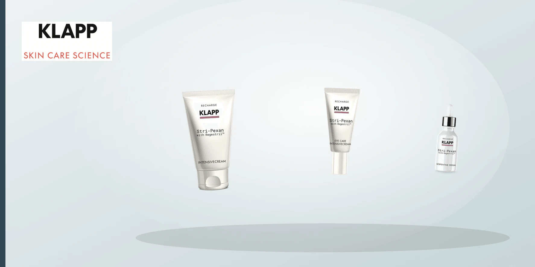 Four equal abstract cosmetic forms in a refined Stri-Pexan range editorial still life.