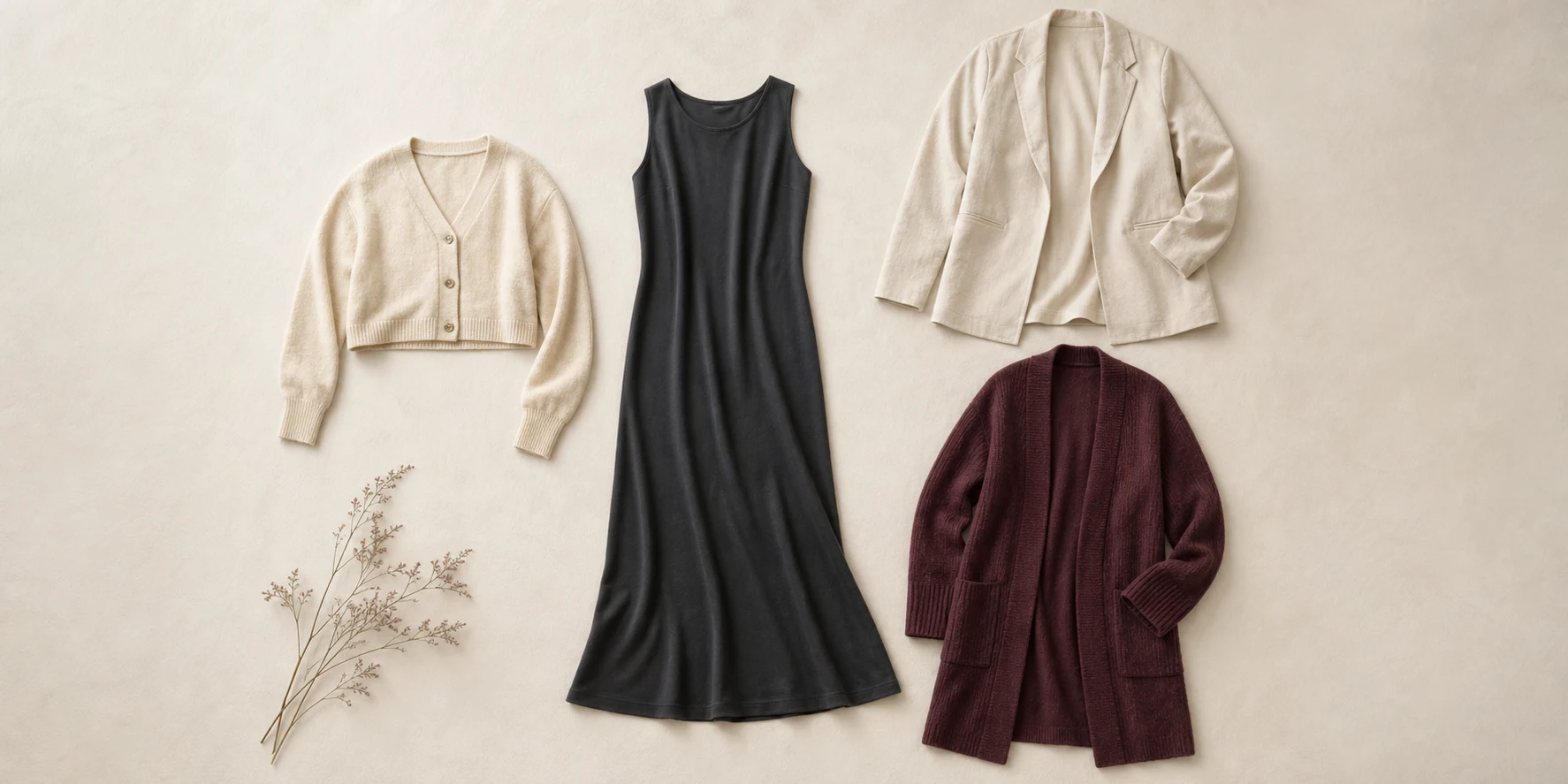 A plain dress with three generic layering options arranged as balanced visual studies.