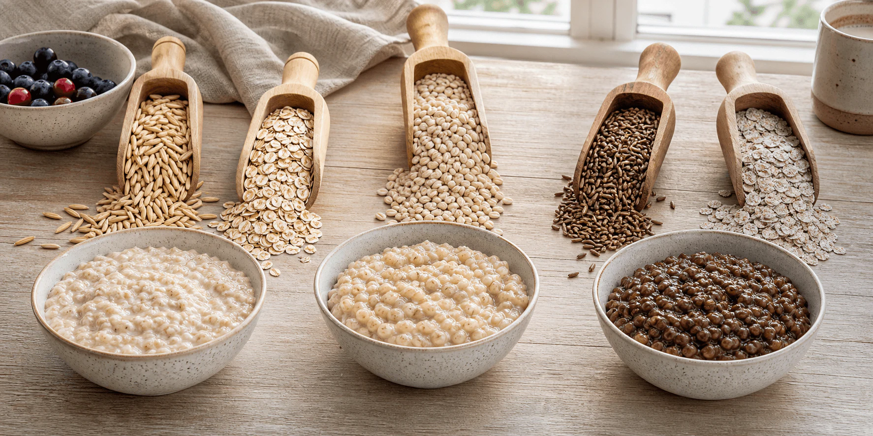 Three equal bowls of oats, barley and rye grains above seven blank comparison cards.