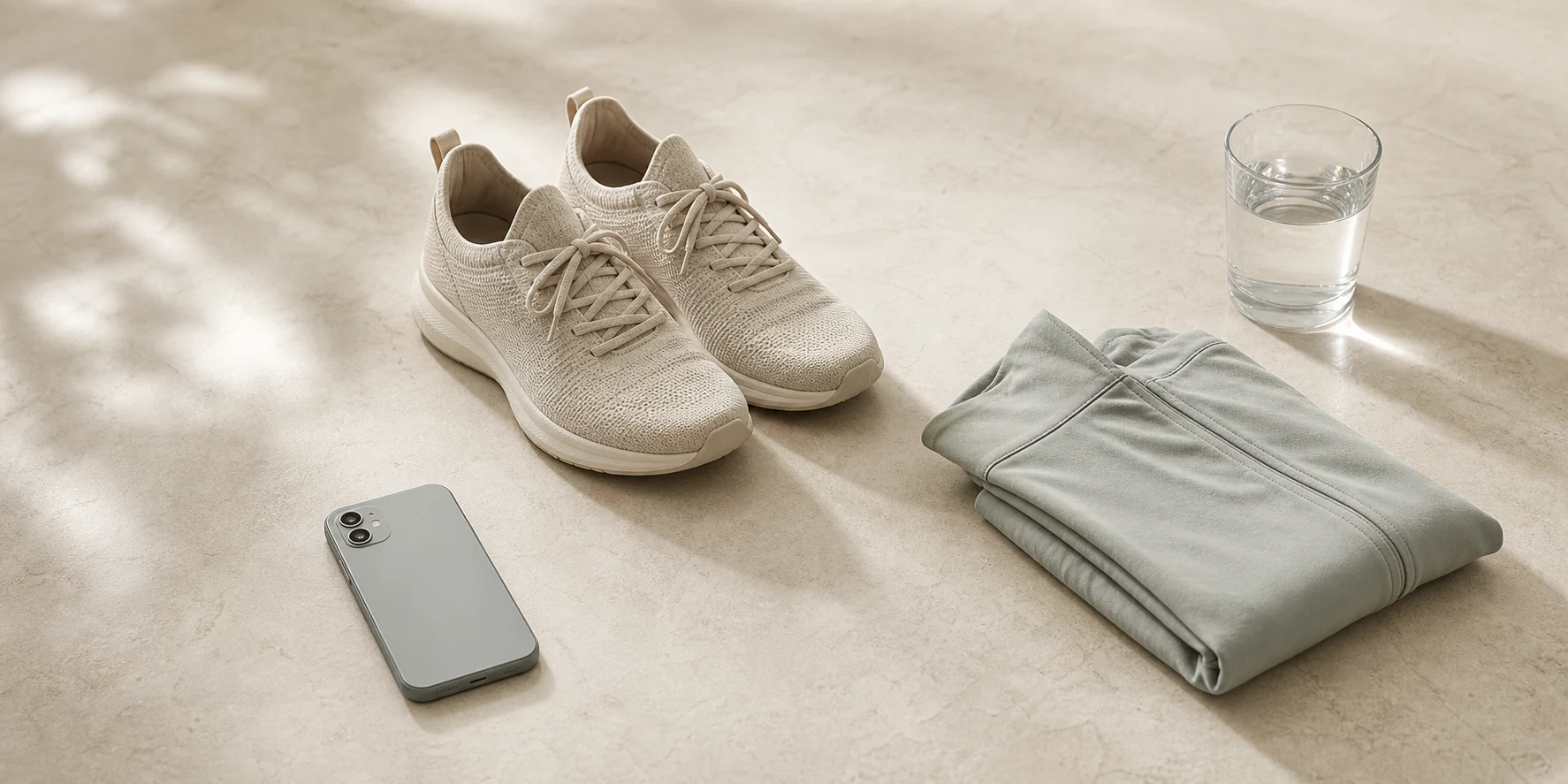 A face-down smartphone beside walking shoes, a folded layer and water, representing a pause in optional wellness tracking.