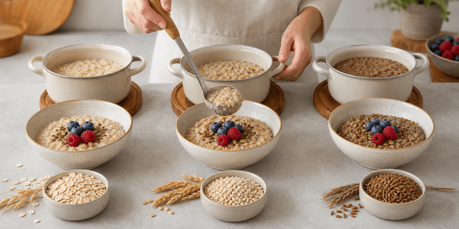 Four equal bowls of breakfast grains beside six blank cards for a source-bounded comparison checklist.