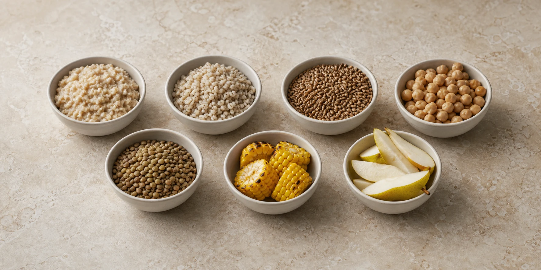Seven small carbohydrate-food portions in equal bowls arranged for a source-reading checklist.