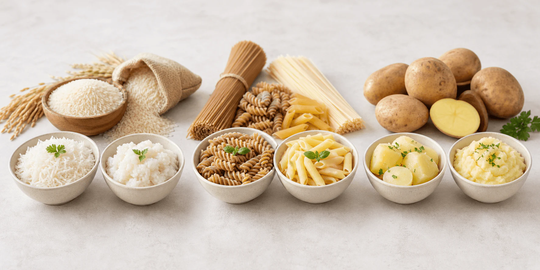 Rice, pasta and potato portions arranged equally beside blank question cards.