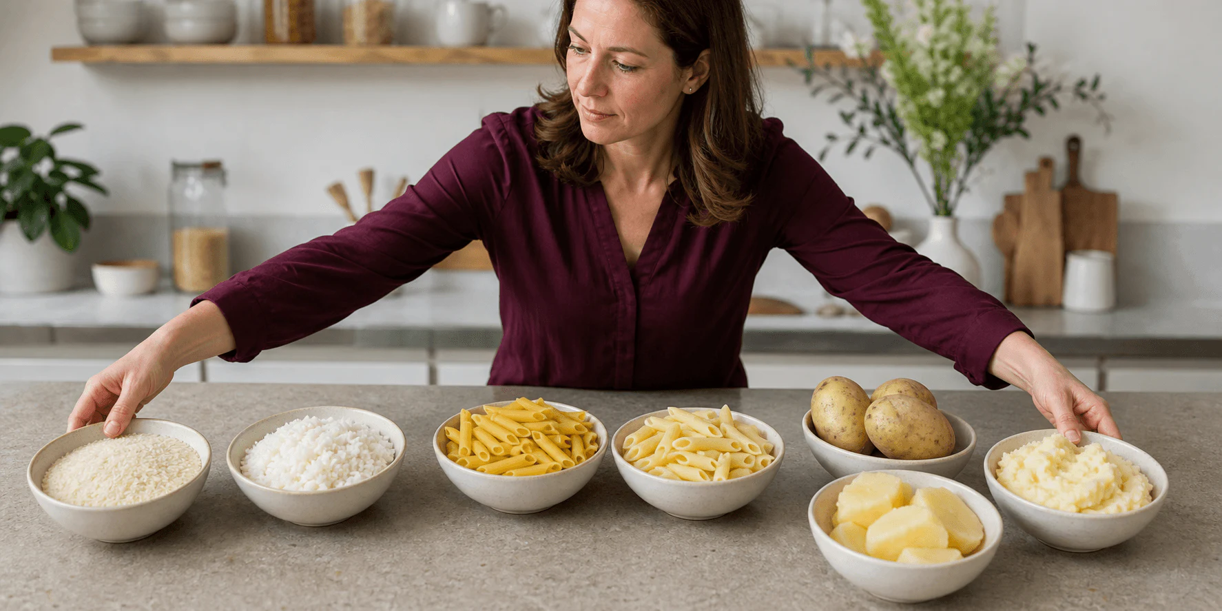 Rice, pasta and potato portions arranged equally beside blank cards for a careful food comparison.