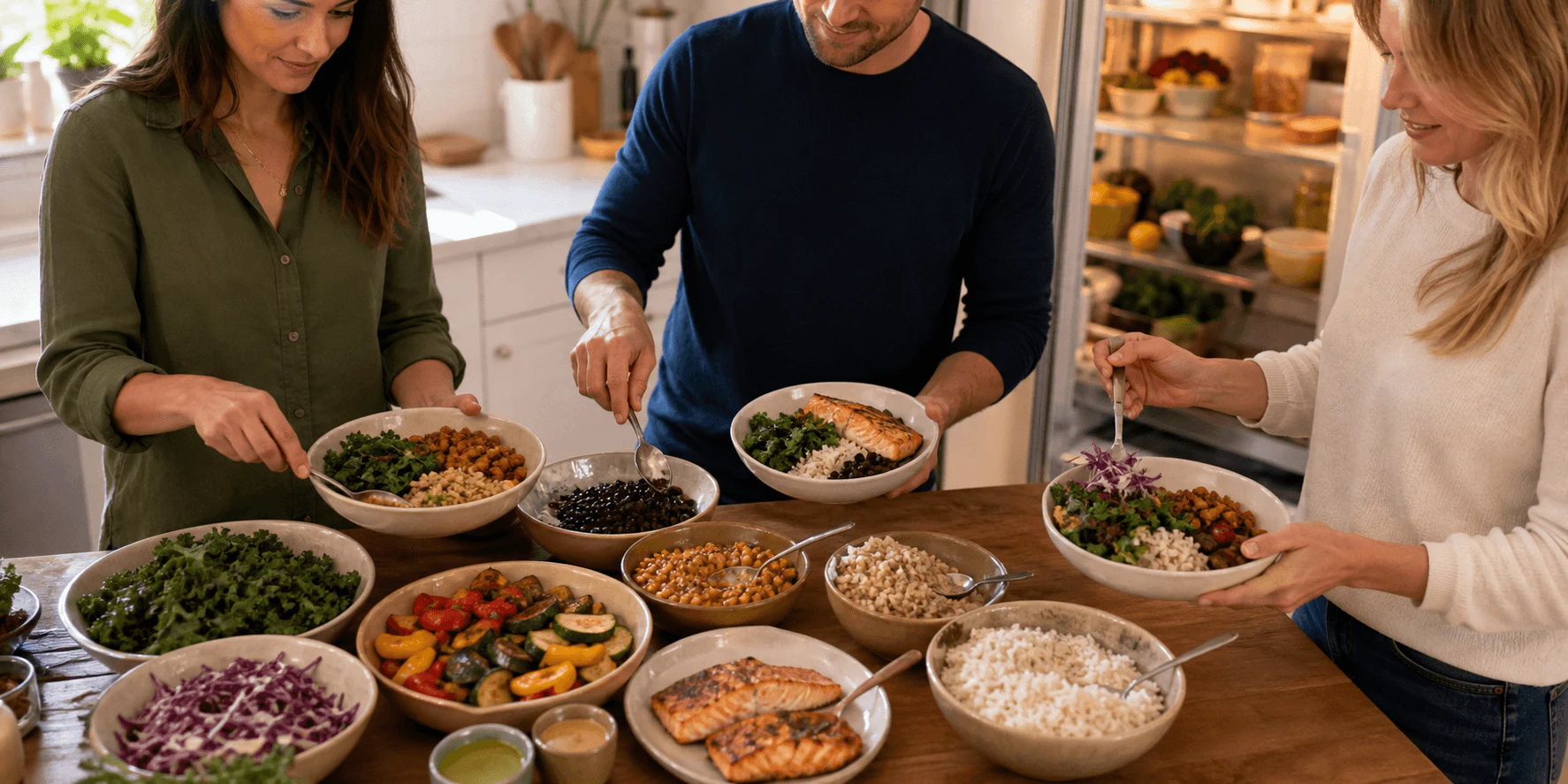 Four equal bowls of grains, lentils, vegetables and protein above seven blank meal-planning cards.