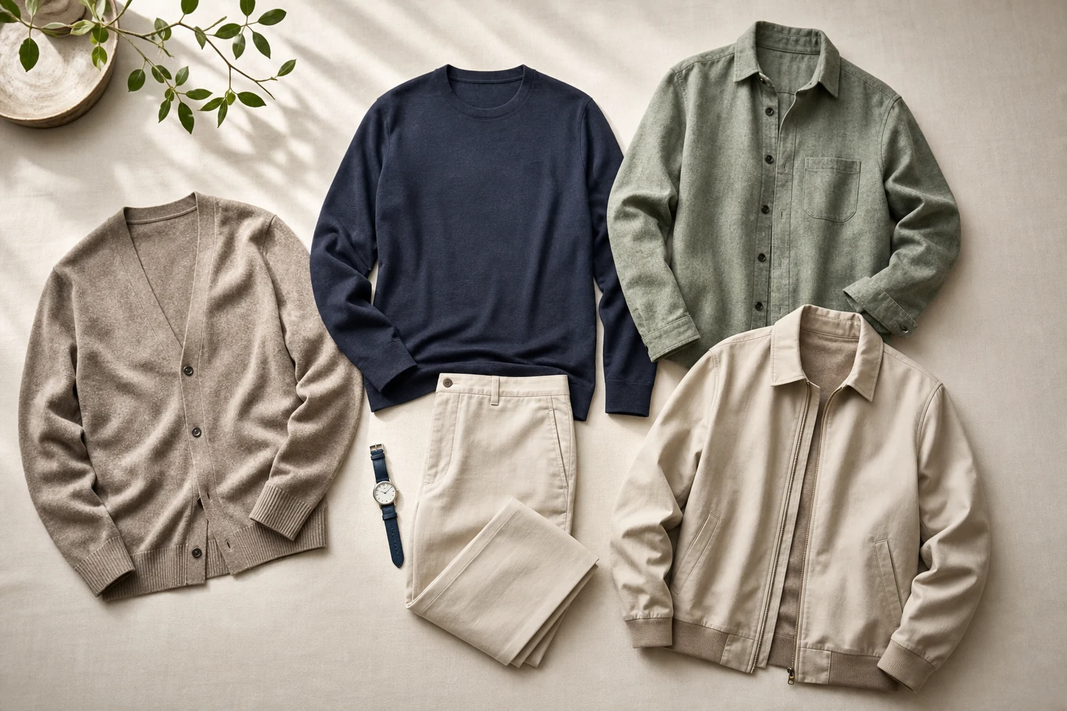 Three versatile smart-casual layers arranged as optional alternatives around one simple base outfit.