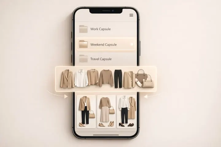 modern conceptual illustration of a digital capsule wardrobe system inside a smartphone app. The screen shows a clean digital closet interface with clothing items organized into labeled folders such as "Work Capsule", "Weekend Capsule", and "Travel Capsule". One folder is open, displaying coordinated neutral outfits. A visual cue suggests that outfit generation is limited to items inside the selected folder. Minimalist UI design, soft beige and taupe color palette, no text outside the app interface, no faces, no logos, elegant professional style, high resolution